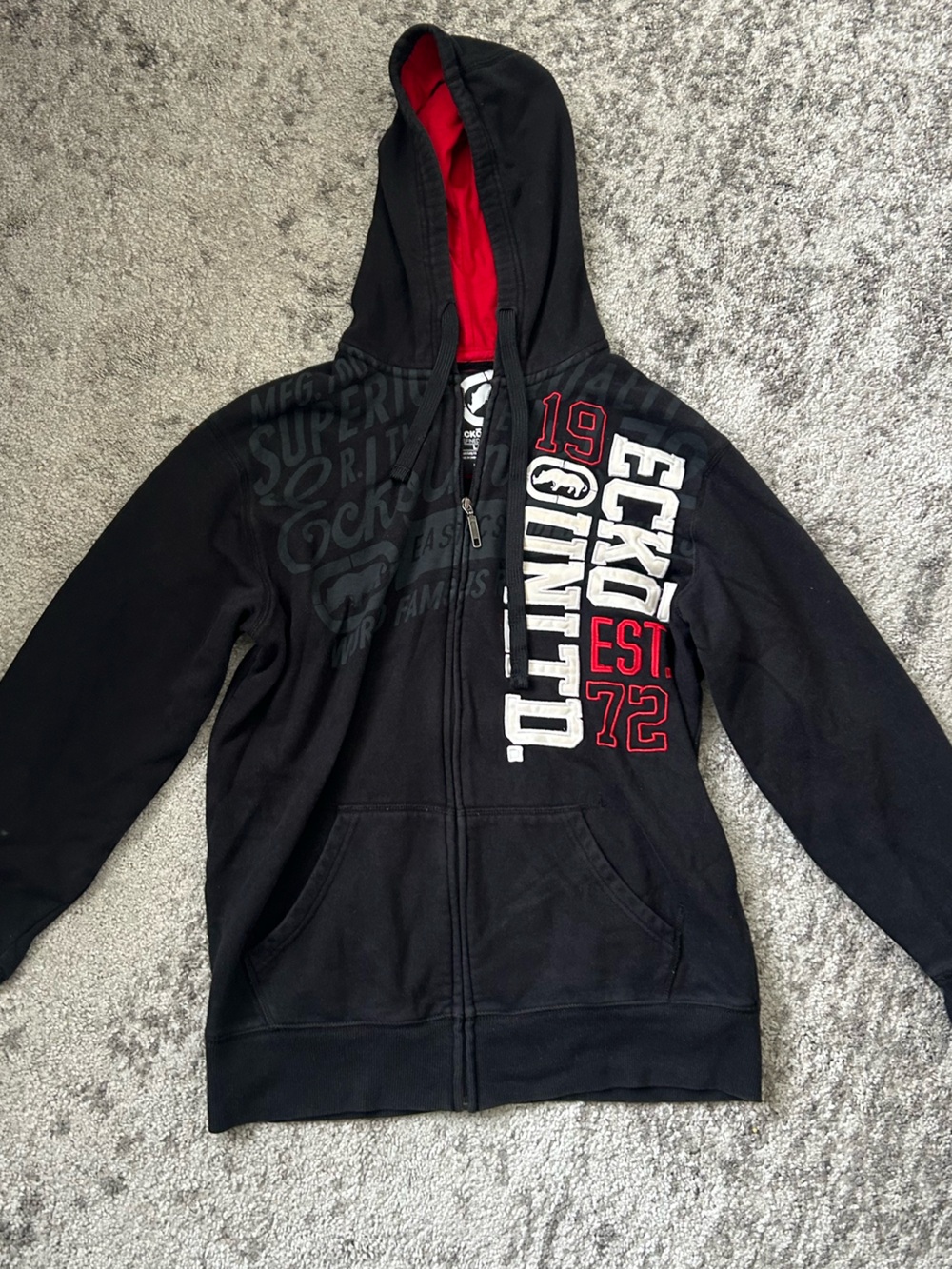 Ecko Unlimited Black Hoodie with Red Lined Hood and White Logo